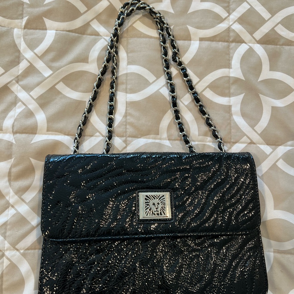 Anne Klein vintage patent leather snakeskin embossed satchel black